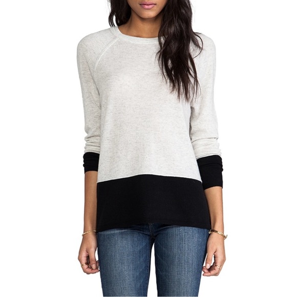 VINCE Luxe Cashmere Colorblock Sweater Heather Cloud & Black - Picture 1 of 4